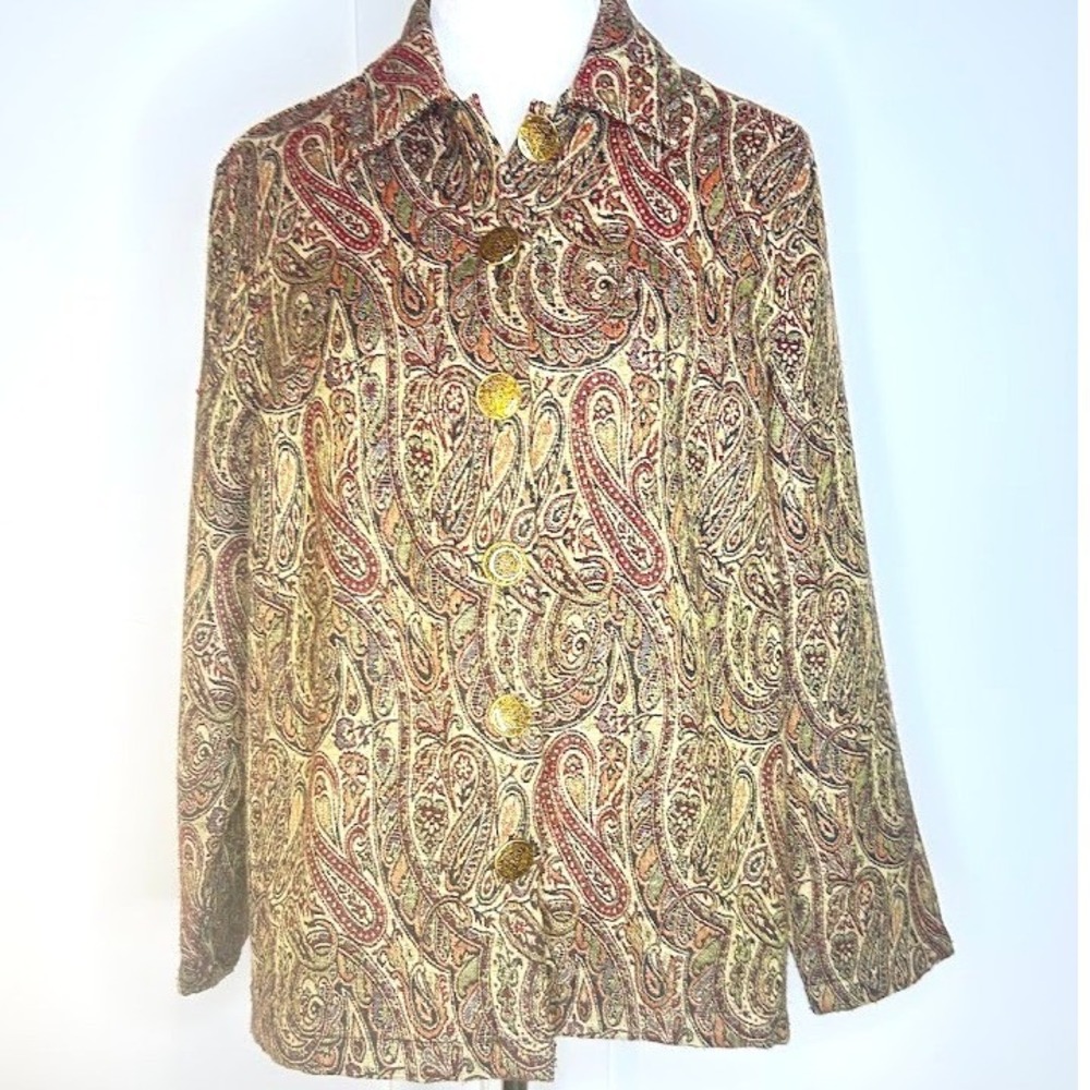 Vintage Tapestry Jacket Womens Paisley Woven Button Front Gold Buttons Red Gold